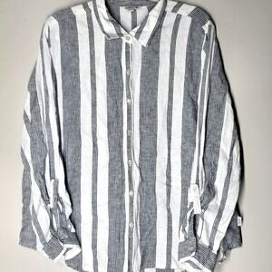Orvis Womens Striped Linen Blend Long Sleeve Button Down Shirt Size XL Coastal